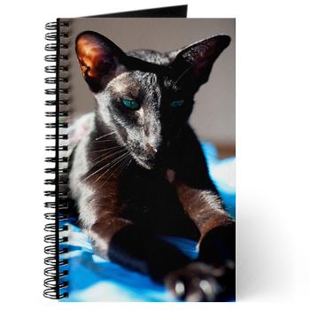 a cafepress journal with a photo of a black oriental shorthair cat on